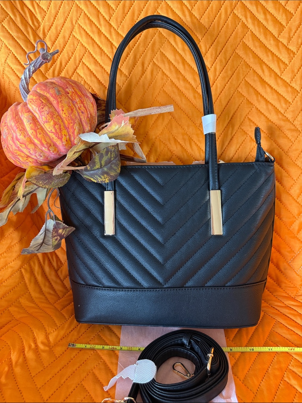 Black Quilted Shoulder Tote with Gold Accents